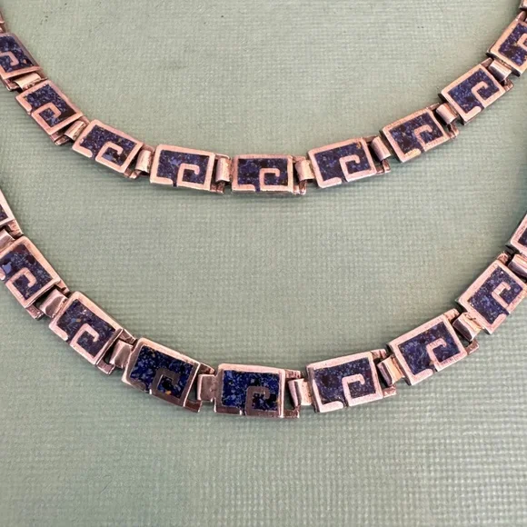 Margot de Taxco Mosaic Blue Enamel Sterling Silver Necklace and Bracelet Set
